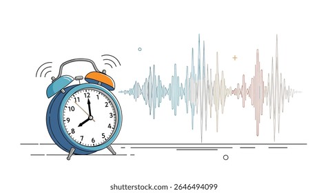 A ringing alarm clock with sound waves is the start of the day