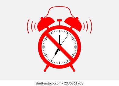 Ringing alarm clock with strikethrough clock face with hands. Concept of necessity of getting up in the morning, daily routine, to-do schedule, deadline and overworking