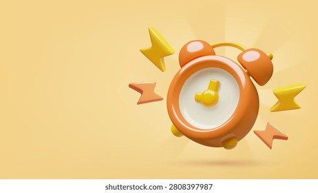 Ringing alarm clock and thunder 3d realistic icon jumping on orange background. Time countdown and deadline concept vector illustration.