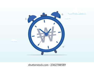 Ringing alarm clock with Won money sign on clock face, time for money, making profit from investment, promotion alert for bargain deal, bill payment or deadline to start building wealth (Vector)