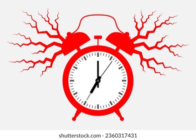 Ringing alarm clock with zigzag lines spreading around, symbolizing shrill sharp ring. Concept of need to wake up in the morning, time to start of daily routine and work, lack of sleep and overworking