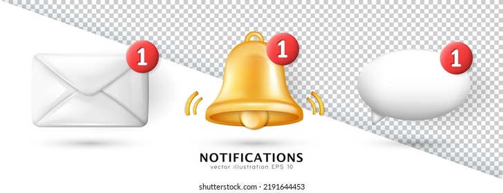 Ringing bell, chat bubble, closed letter with red notification button isolated on white and transparent background.  - Powered by Shutterstock - Get 15% off with code: PIKWIZARD15