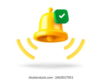 Ringing bell with checkmark icon. 3d vector object isolated on white background