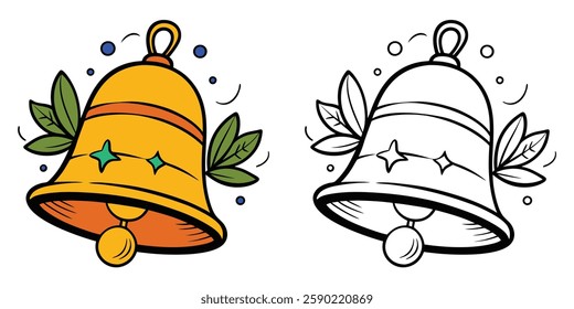 Ringing Bell Coloring Page For Kids Printable With Outline Vector On White Background