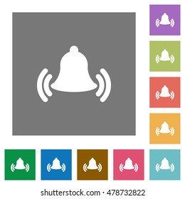 Ringing bell flat icon set on color square background.
