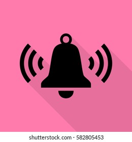 Ringing bell icon. Black icon with flat style shadow path on pink background.