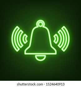 Ringing bell icon. Green neon icon in the dark. Blurred lightening. Illustration.
