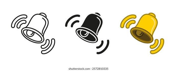 Ringing bell icon. Notification alert symbol. Doorbell ringing vector illustration. Attention signal sign. School bell jingle reminder pictogram. Incoming call attention button isolated concept.