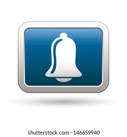 Ringing bell icon on the blue with silver rectangular button. Vector illustration