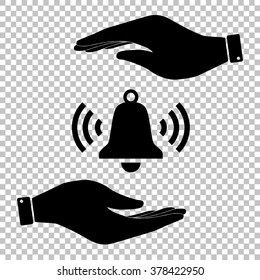 Ringing bell icon. Save or protect symbol by hands.