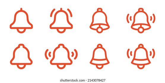 Ringing bell icon set outline design. Alarm bell icon isolated on white background.