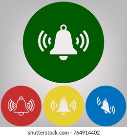 Ringing bell icon. Vector. 4 white styles of icon at 4 colored circles on light gray background.