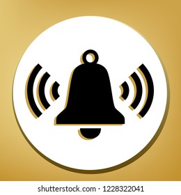Ringing bell icon. Vector. Black icon with light brown shadow in white circle with shaped ring at golden background.