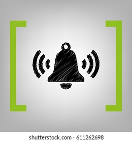 Ringing bell icon. Vector. Black scribble icon in citron brackets on grayish background.
