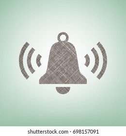 Ringing bell icon. Vector. Brown flax icon on green background with light spot at the center.