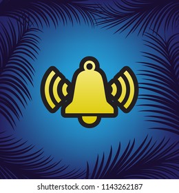 Ringing bell icon. Vector. Golden icon with black contour at blue background with branches of palm trees.