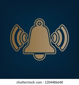 Ringing bell icon. Vector. Golden icon and border at dark cyan background.