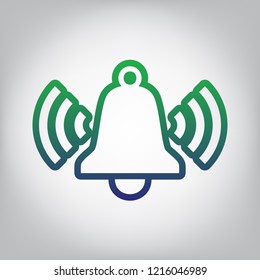 Ringing bell icon. Vector. Green to blue gradient contour icon at grayish background with light in center.