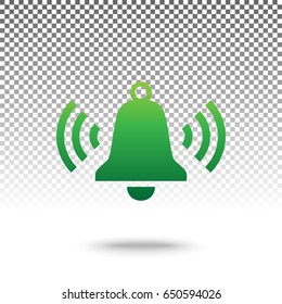 Ringing bell icon. Vector. Green gradient icon with shadow at bottom on transparent and white background.