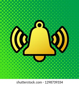 Ringing bell icon. Vector. Pop art orange to yellow dots-gradient icon with black contour at greenish background.