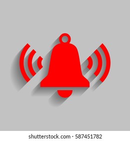 Ringing bell icon. Vector. Red icon with soft shadow on gray background.