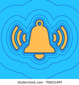 Ringing bell icon. Vector. Sand color icon with black contour and equidistant blue contours like field at sky blue background. Like waves on map - island in ocean or sea.