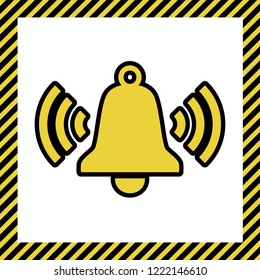 Ringing bell icon. Vector. Warm yellow icon with black contour in frame named as under construction at white background. Isolated.