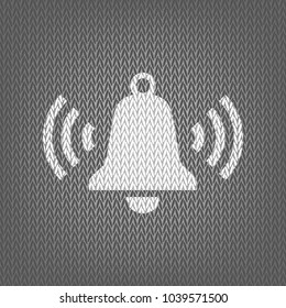 Ringing bell icon. Vector. White knitted icon on gray knitted background. Isolated.