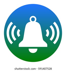 Ringing bell icon. Vector. White icon in bluish circle on white background. Isolated.