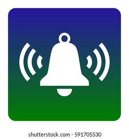 Ringing bell icon. Vector. White icon at green-blue gradient square with rounded corners on white background. Isolated.
