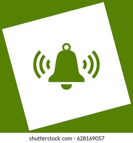 Ringing bell icon. Vector. White icon obtained as a result of subtraction rotated square and path. Avocado background.