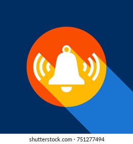 Ringing bell icon. Vector. White icon on tangelo circle with infinite shadow of light at cool black background. Selective yellow and bright navy blue are produced.