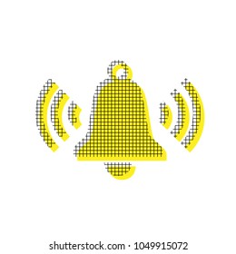 Ringing bell icon. Vector. Yellow icon with square pattern duplicate at white background. Isolated.