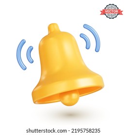 Ringing bell icon. Yellow notification bell, concept of social media reminder. 3d vector illustration isolated on a white background