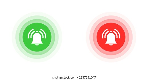 Ringing bell icons in green and red circle shape. Flat vector illustration.