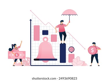 Ringing bell illustration for bar chart reminder in increasing and decreasing sales. Can be used for banking and financial sector, ads, promotion