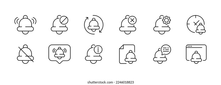 Ringing bell line icon. Reminder, notification, doorbell, jingle, ringtone, message, call, alarm clock, silent mode, speech bubble, wake up. Sound concept. Vector line icon on white background