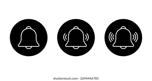 Das Symbol der Glockenlinie klingelt in einem schwarzen Kreis. Alarm- und Benachrichtigungssymbol