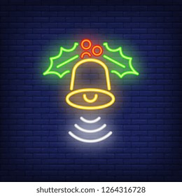 Ringing bell with mistletoe neon sign. Christmas and celebration design element. Night bright neon sign, colorful billboard, light banner. Vector illustration in neon style.