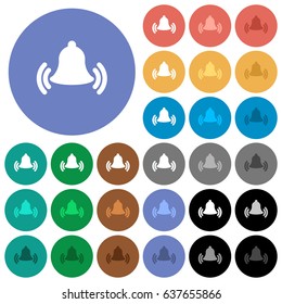 Ringing bell multi colored flat icons on round backgrounds. Included white, light and dark icon variations for hover and active status effects, and bonus shades on black backgounds.