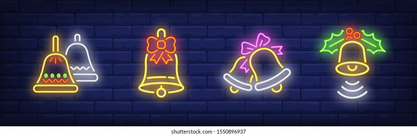 Ringing bell neon sign set. School, jingling, school year beginning, Christmas. Night bright advertisement. Vector illustration in neon style for banner, billboard
