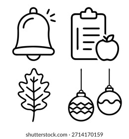 Klingelnde Glockenbenachrichtigung, Zwischenablage mit Apfel-, Eichen- oder Ahornblatt und Weihnachtsschmuck Bauble Gliedersymbole