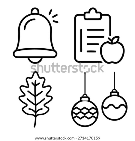 Ringing Bell Notification, Clipboard with Apple, Oak or Maple Leaf, and Christmas Ornament Bauble Outline Icons