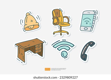 Ringing Bell, Office Worker chair, connection on phone, Working Table, wifi wireless hotspot symbol, Telephone cute doodle icon. sticker set vector illustration