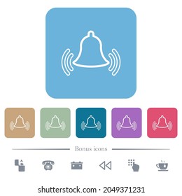 Ringing bell outline white flat icons on color rounded square backgrounds. 6 bonus icons included