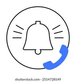 A ringing bell with a prominent incoming call icon in a minimalistic line art style. Ideal for app design, UI UX elements, communication tools, notification alerts, and customer service. Simple, clean