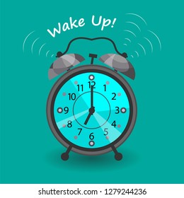 The ringing clock. Classic design alarm clock with blue dial on a green background. Flat picture, icon, symbol, sign. Above the inscription - wake up. Vector illustration