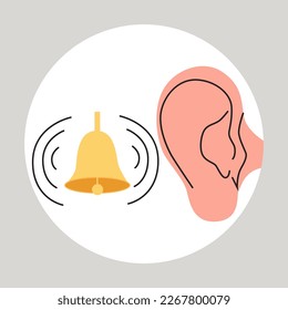 Ringing in the ear. Otitis, tinnitus symptom. Bacteria in the middle ear. Flat vector medical illustration.