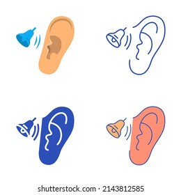 Ringing in ears icon set in flat and line style. Tinnitus disease concept. Vector illustration.