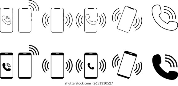 Conjunto de iconos de timbre. Iconos de vibración del teléfono móvil. alerta de comunicación entrante. Alerta de vibración en el teléfono inteligente. conexión remota
